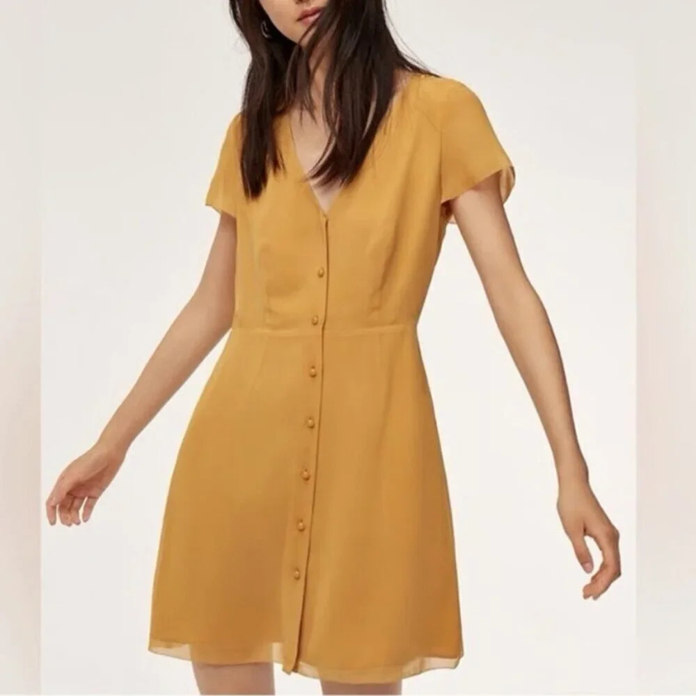 Aritzia Wilfred Nazaire Button Down Flutter Sleeve V-Neck Dress Gold Yellow Sz 0